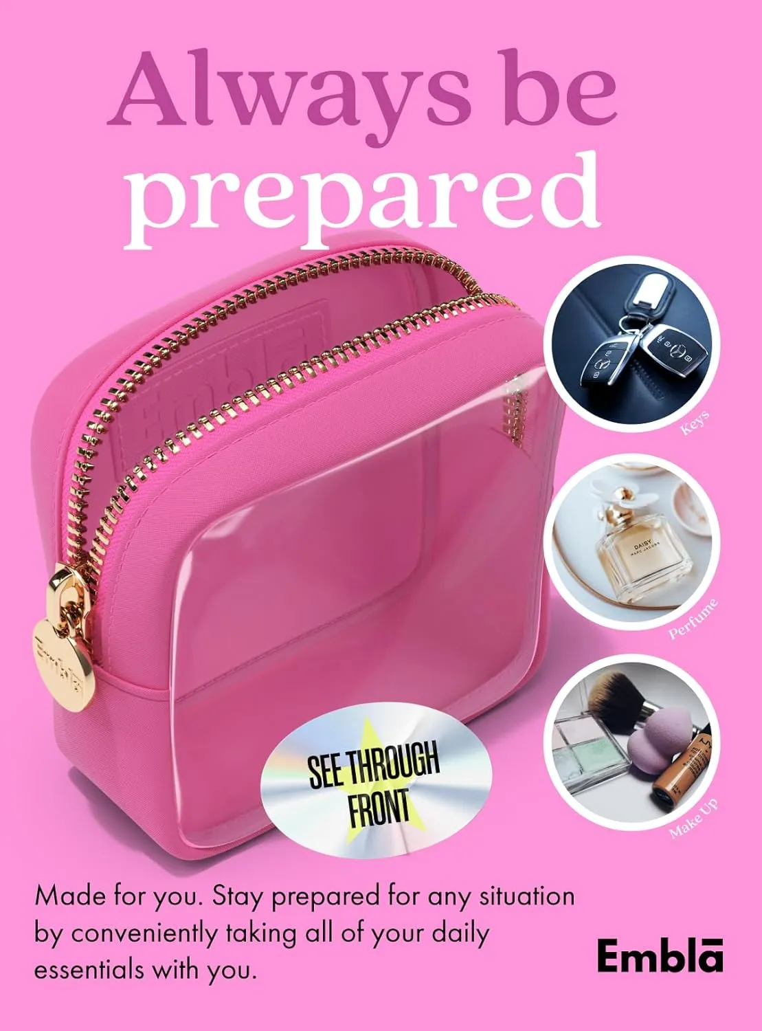 Embla Clear Cosmetic Bag Makeup Case, Clear Zipper Make Up Pouch and Toiletry Travel Tote, Cute Skincare Pouches for Women Girls, Preppy Purse Cosmetic Organizer, Mini Makeup Bags, Bubblegum