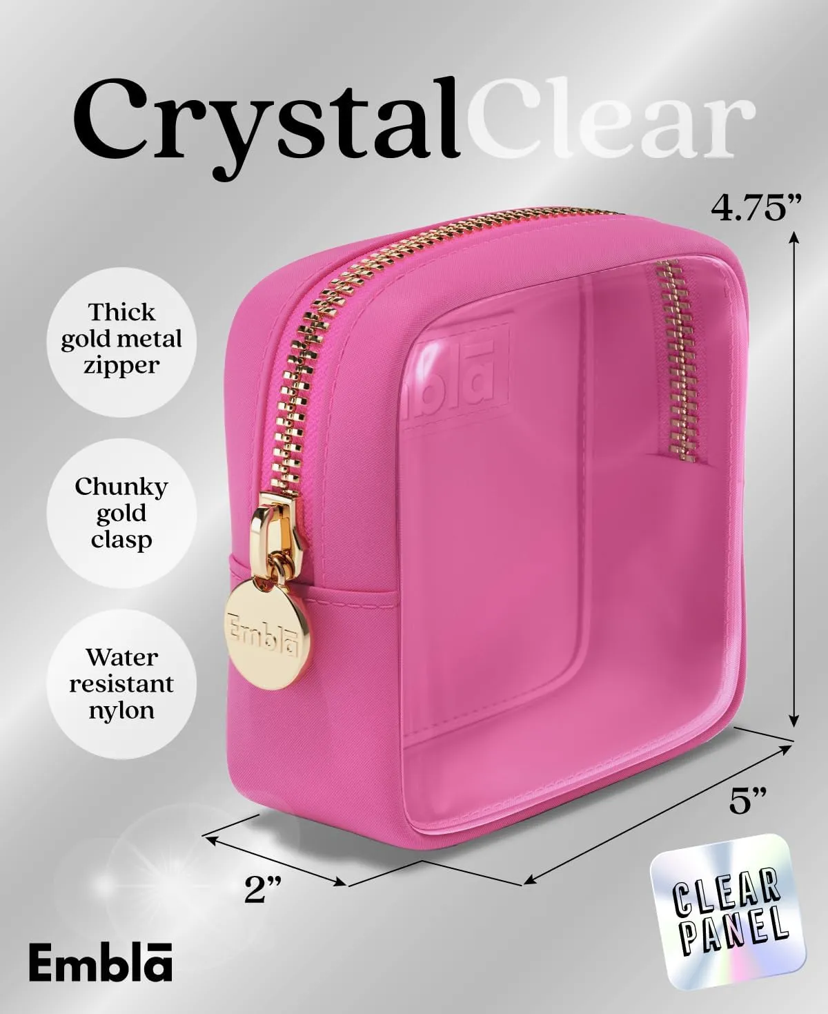 Embla Clear Cosmetic Bag Makeup Case, Clear Zipper Make Up Pouch and Toiletry Travel Tote, Cute Skincare Pouches for Women Girls, Preppy Purse Cosmetic Organizer, Mini Makeup Bags, Bubblegum