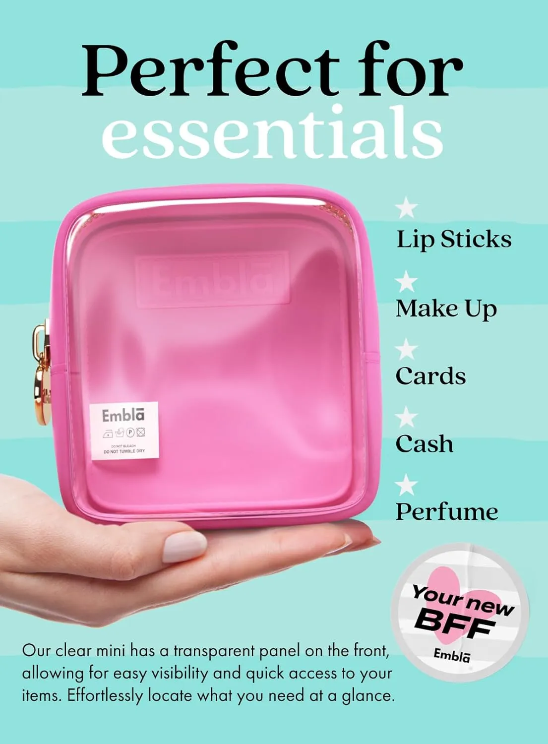 Embla Clear Cosmetic Bag Makeup Case, Clear Zipper Make Up Pouch and Toiletry Travel Tote, Cute Skincare Pouches for Women Girls, Preppy Purse Cosmetic Organizer, Mini Makeup Bags, Bubblegum