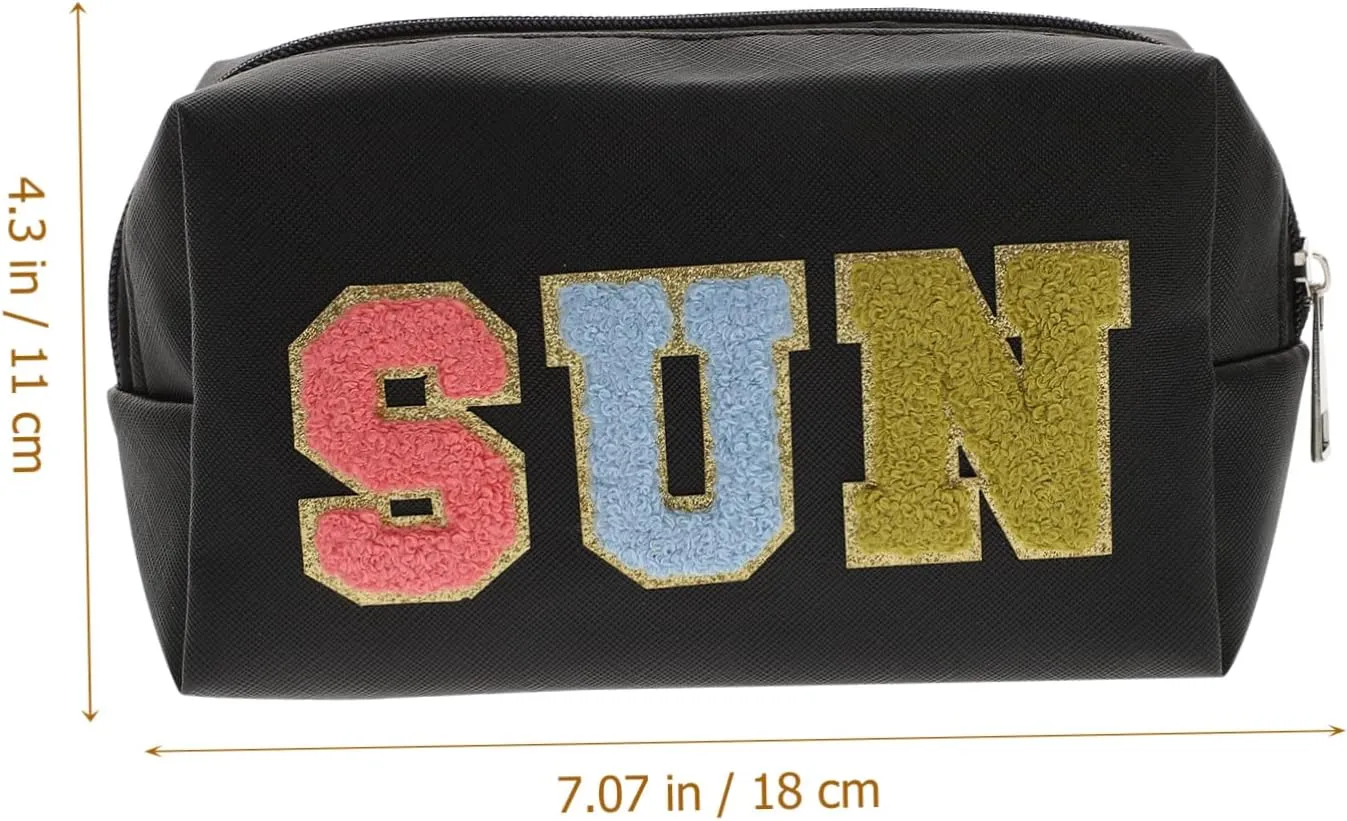 Embroidered Letter Bag Tote Bags Leather Travel Toiletry Bag Large Makeup Bag Patch Miss Jewelry, Black, 18X11X7.5CM