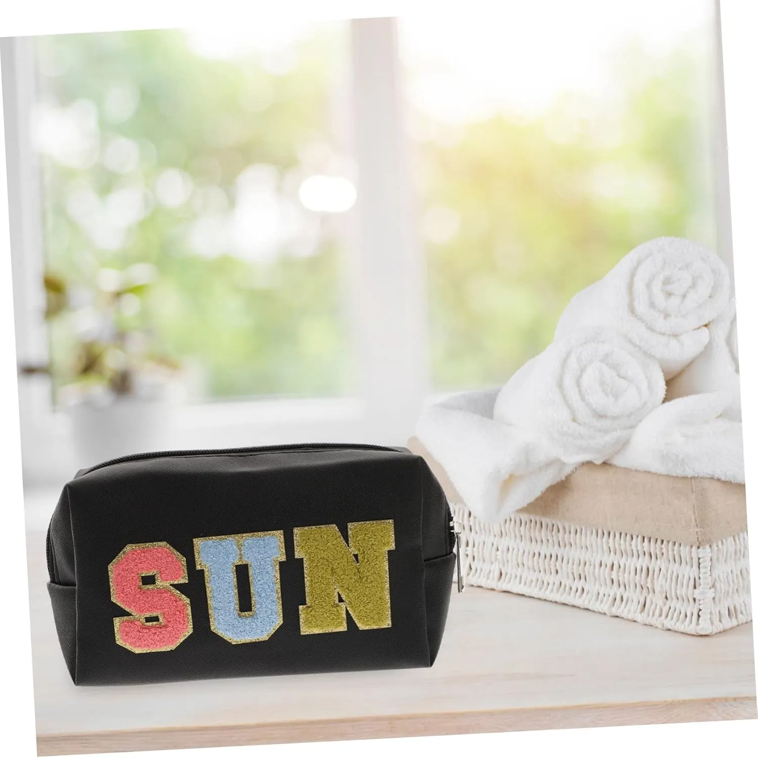 Embroidered Letter Bag Tote Bags Leather Travel Toiletry Bag Large Makeup Bag Patch Miss Jewelry, Black, 18X11X7.5CM