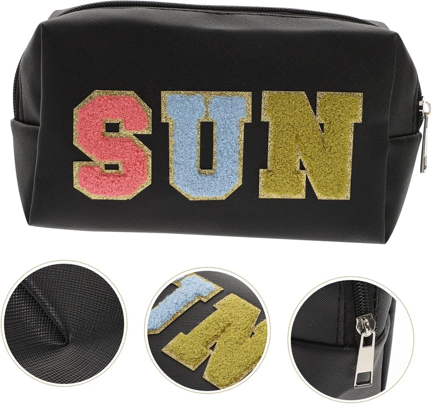 Embroidered Letter Bag Tote Bags Leather Travel Toiletry Bag Large Makeup Bag Patch Miss Jewelry, Black, 18X11X7.5CM