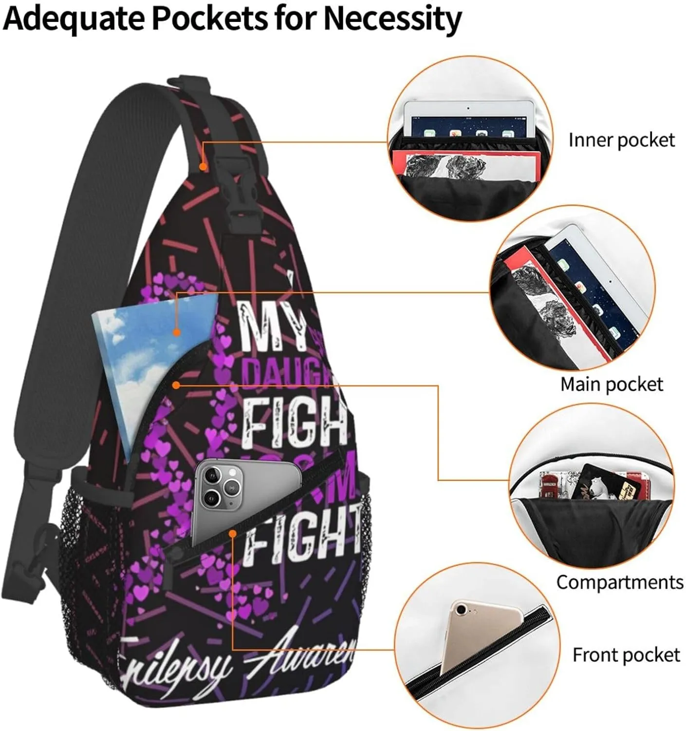 Epilepsy Awareness My Daughter'S Fight Is My Fight Crossbody For Men Women Sling Chest Bag Shoulder Bag Lightweight One Strap Backpack Multipurpose Travel Hiking Daypack
