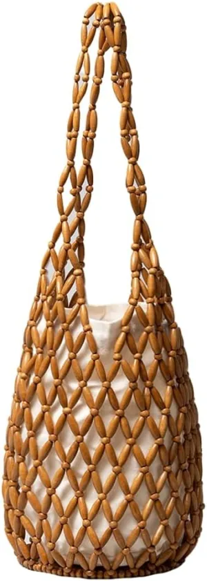 Epsion Women Retro Wooden Handbag Woven Bead Bucket Top handle Tote Bag Hollow Out Beach Casual Purse 2025