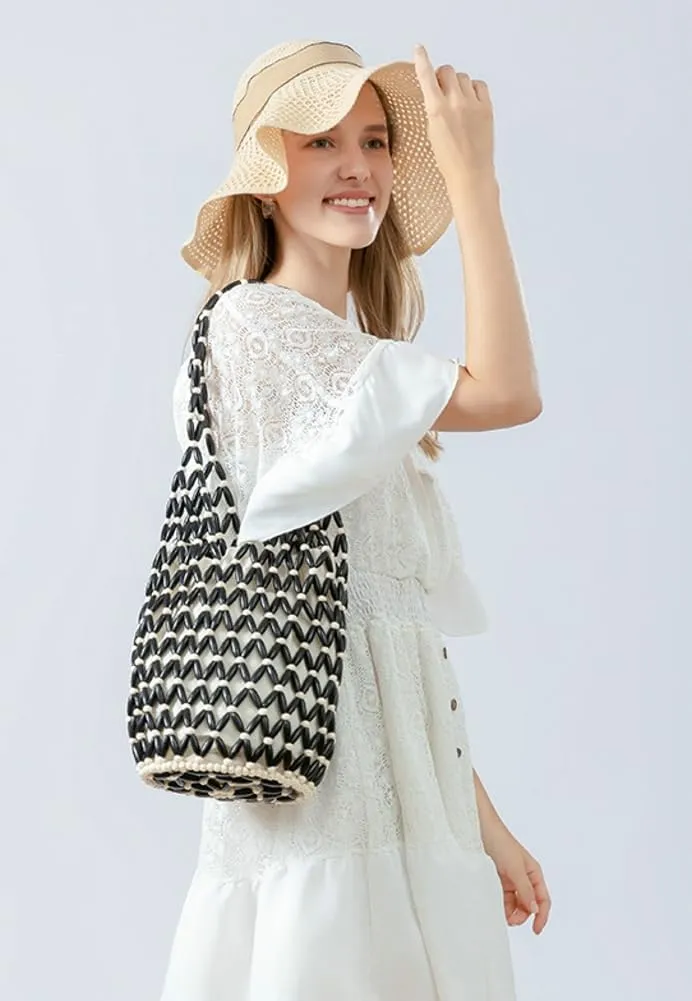 Epsion Women Retro Wooden Handbag Woven Bead Bucket Top handle Tote Bag Hollow Out Beach Casual Purse 2025