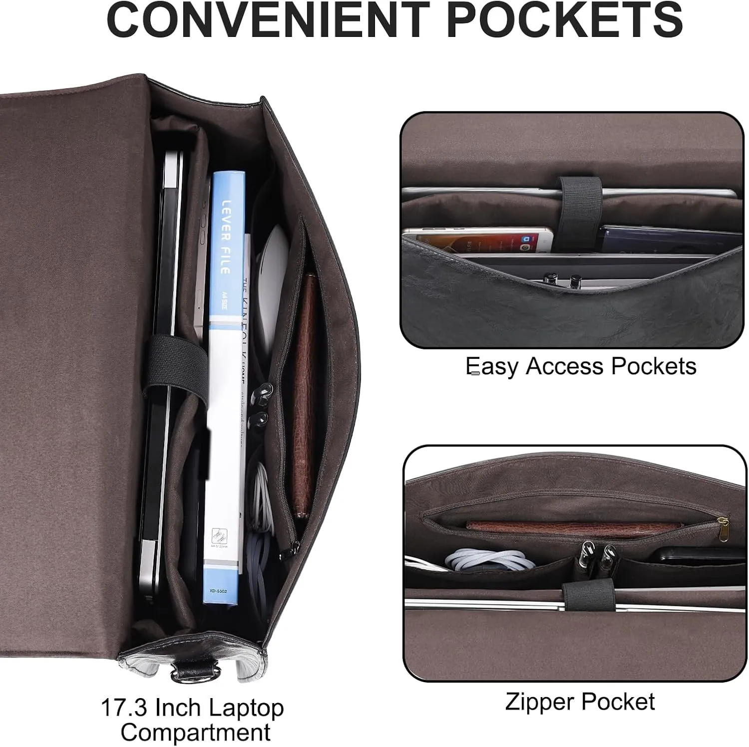 ESTARER Mens Leather Briefcase 17.3 Inch Laptop Messenger Bag, Water-Resistant Computer Messenger Shoulder Bag for Work/Office/College, Black