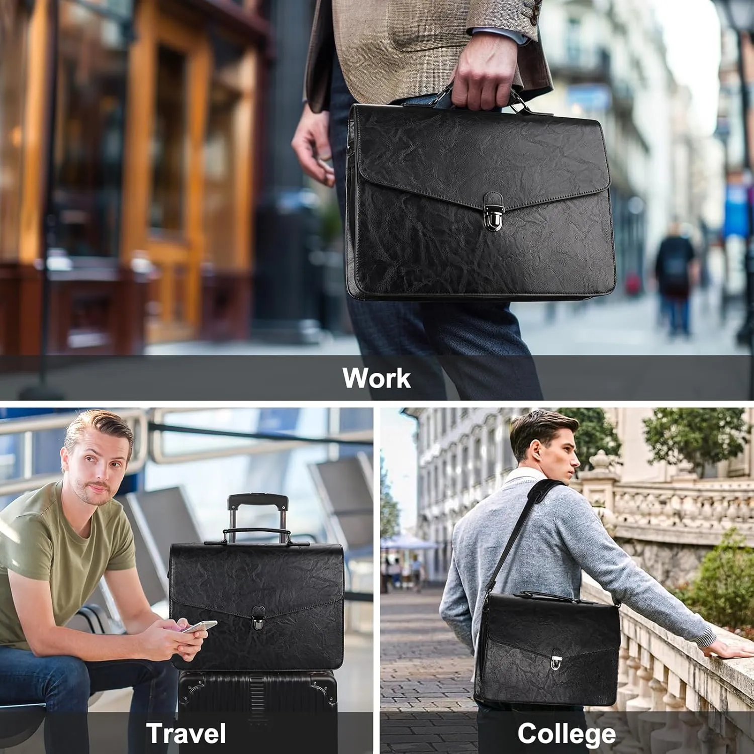 ESTARER Mens Leather Briefcase 17.3 Inch Laptop Messenger Bag, Water-Resistant Computer Messenger Shoulder Bag for Work/Office/College, Black
