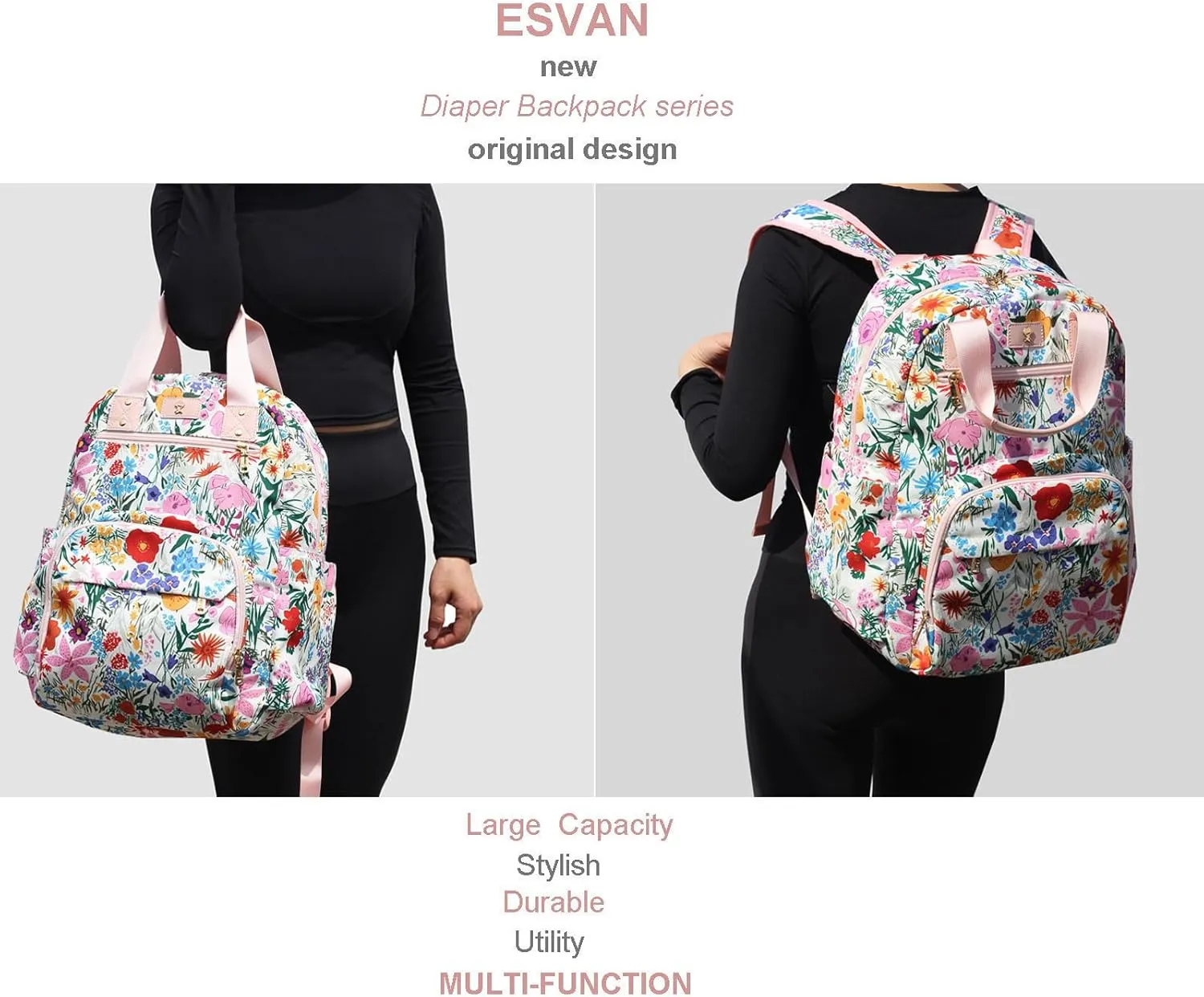 ESVAN Diaper Bag Backpack, Large Capacity Multifunction Baby Essentials Fashion Travel Pack Linen Canvas office Laptop Bag