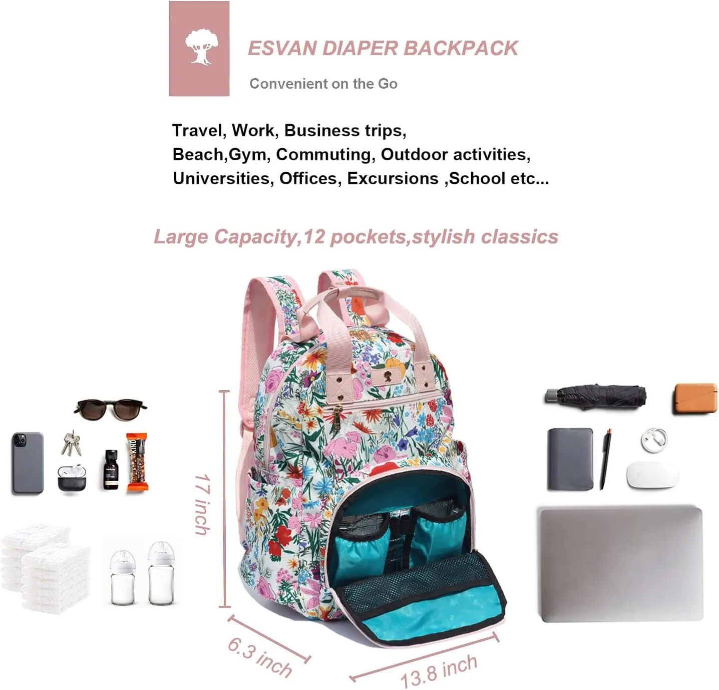 ESVAN Diaper Bag Backpack, Large Capacity Multifunction Baby Essentials Fashion Travel Pack Linen Canvas office Laptop Bag