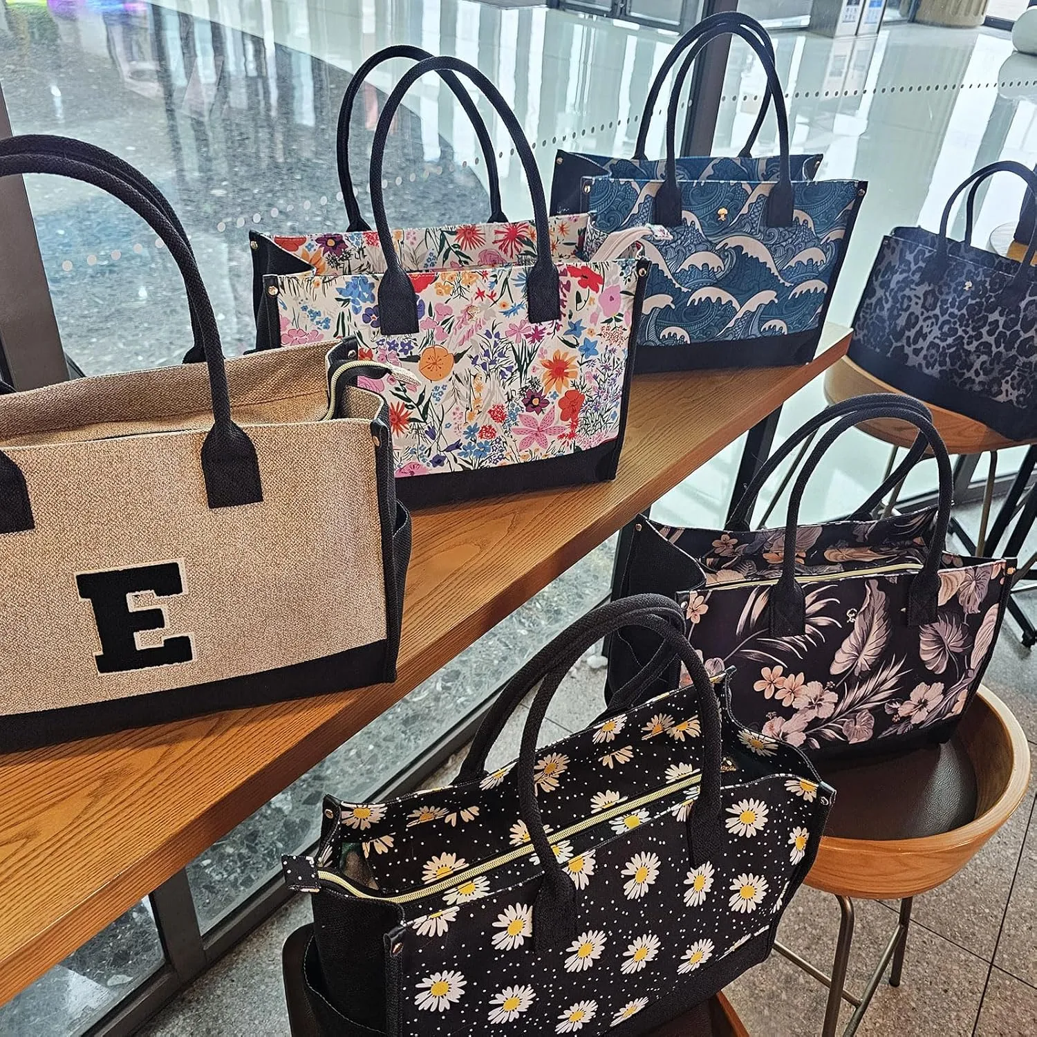 ESVAN Personalized Gifts Canvas Tote Linen Bags Handbags Top Zipper Closure Initial Retro Utility Tote