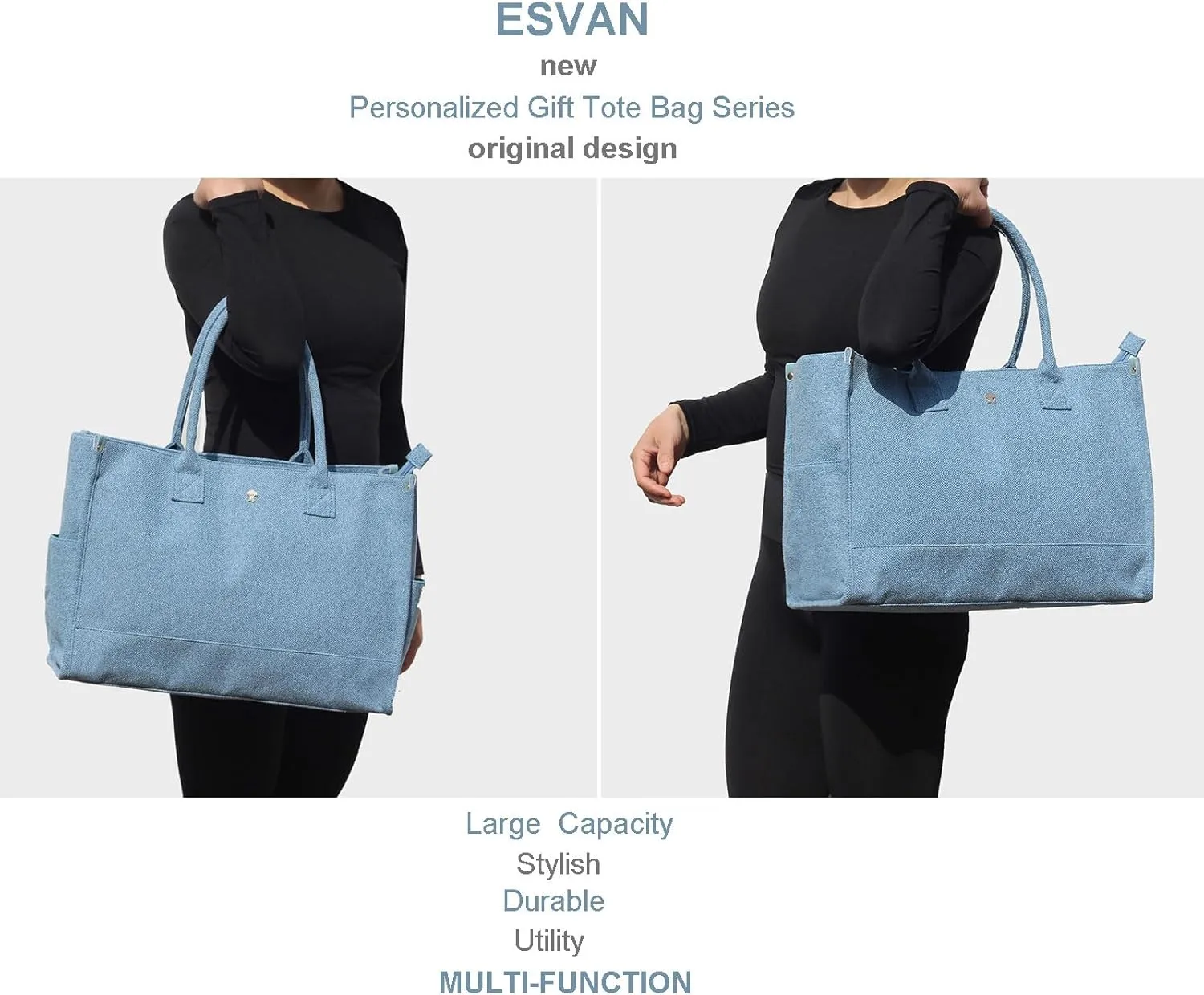 ESVAN Personalized Gifts Canvas Tote Linen Bags Handbags Top Zipper Closure Initial Retro Utility Tote