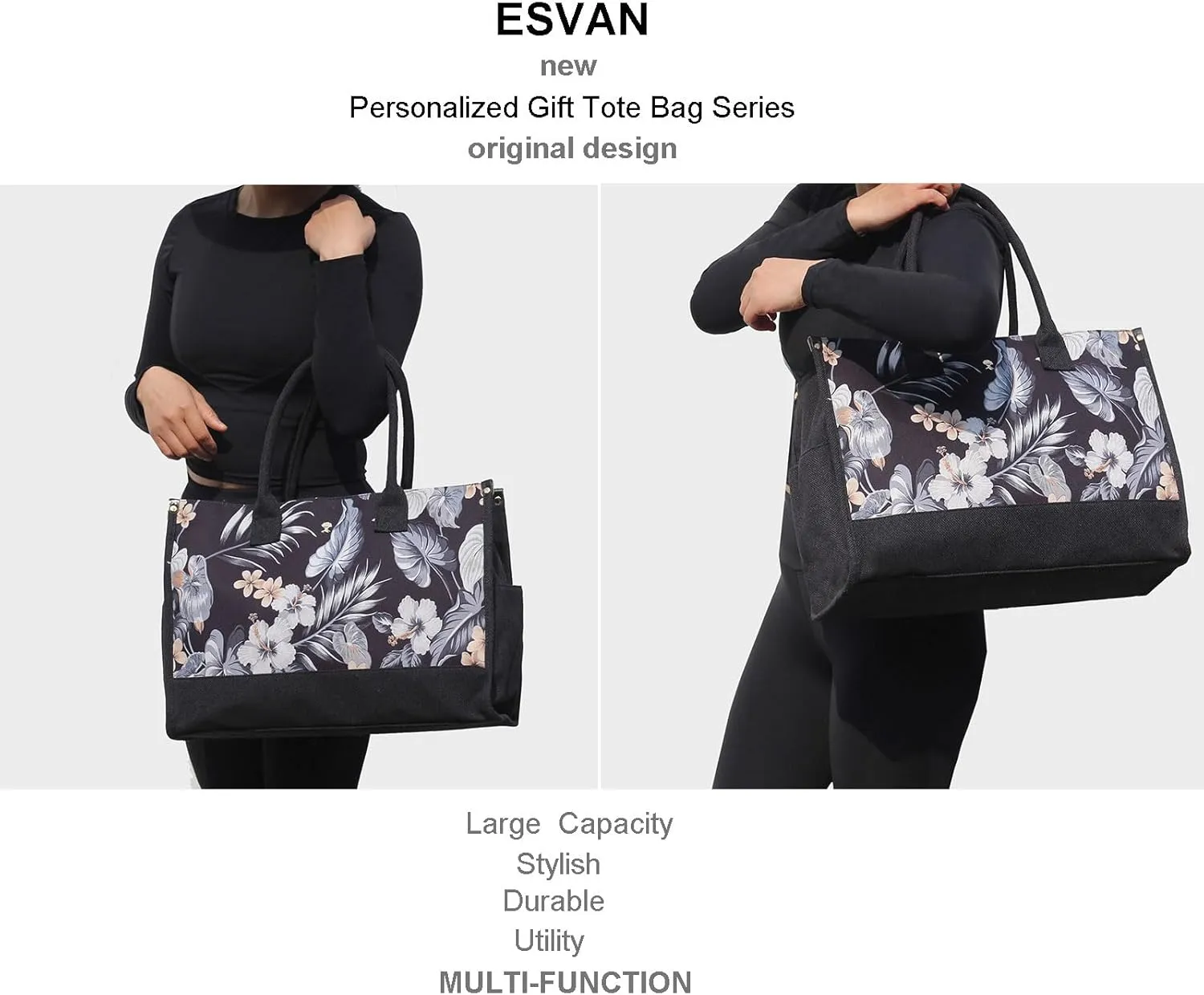 ESVAN Personalized Gifts Canvas Tote Linen Bags Handbags Top Zipper Closure Initial Retro Utility Tote