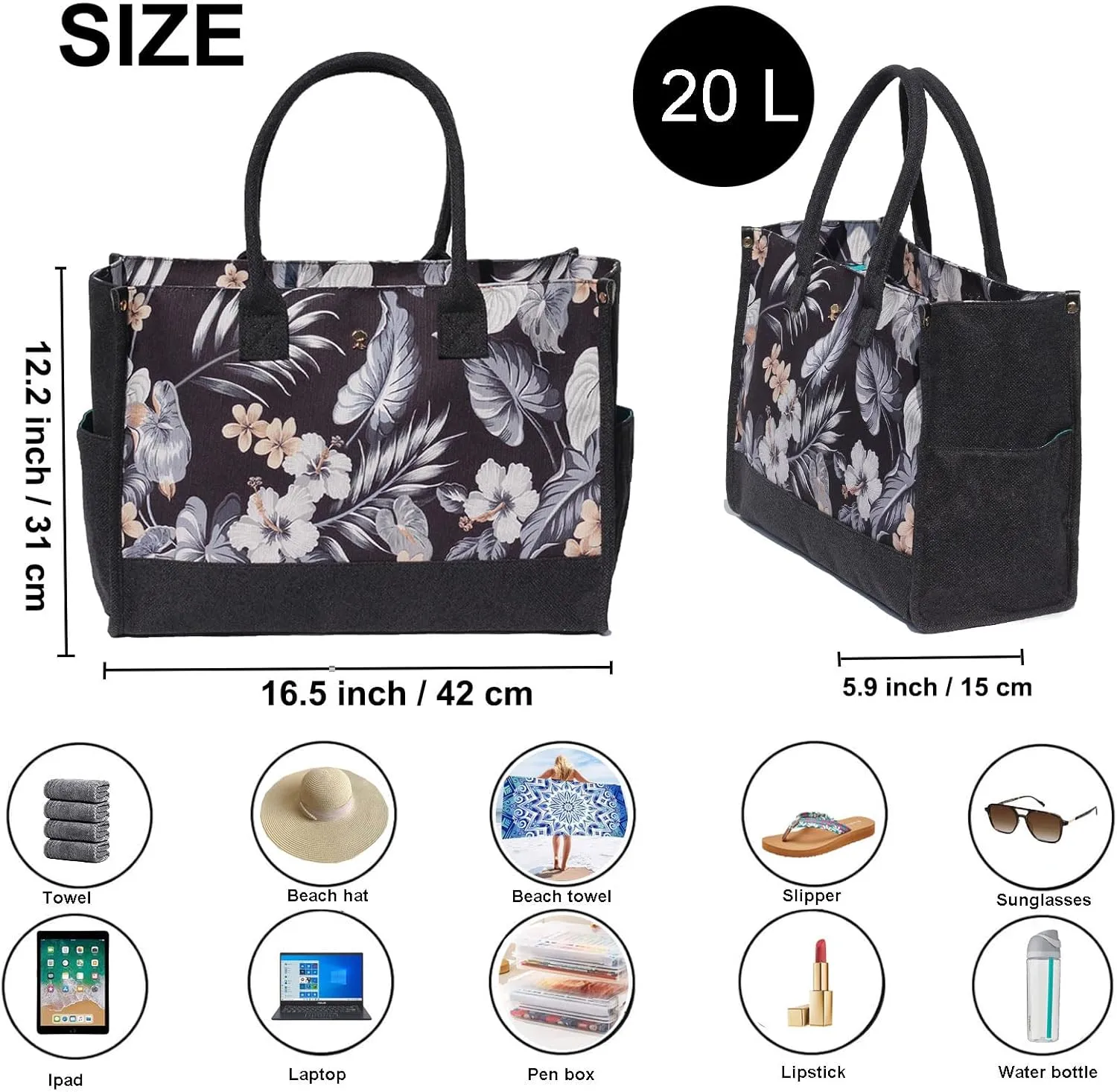 ESVAN Personalized Gifts Canvas Tote Linen Bags Handbags Top Zipper Closure Initial Retro Utility Tote