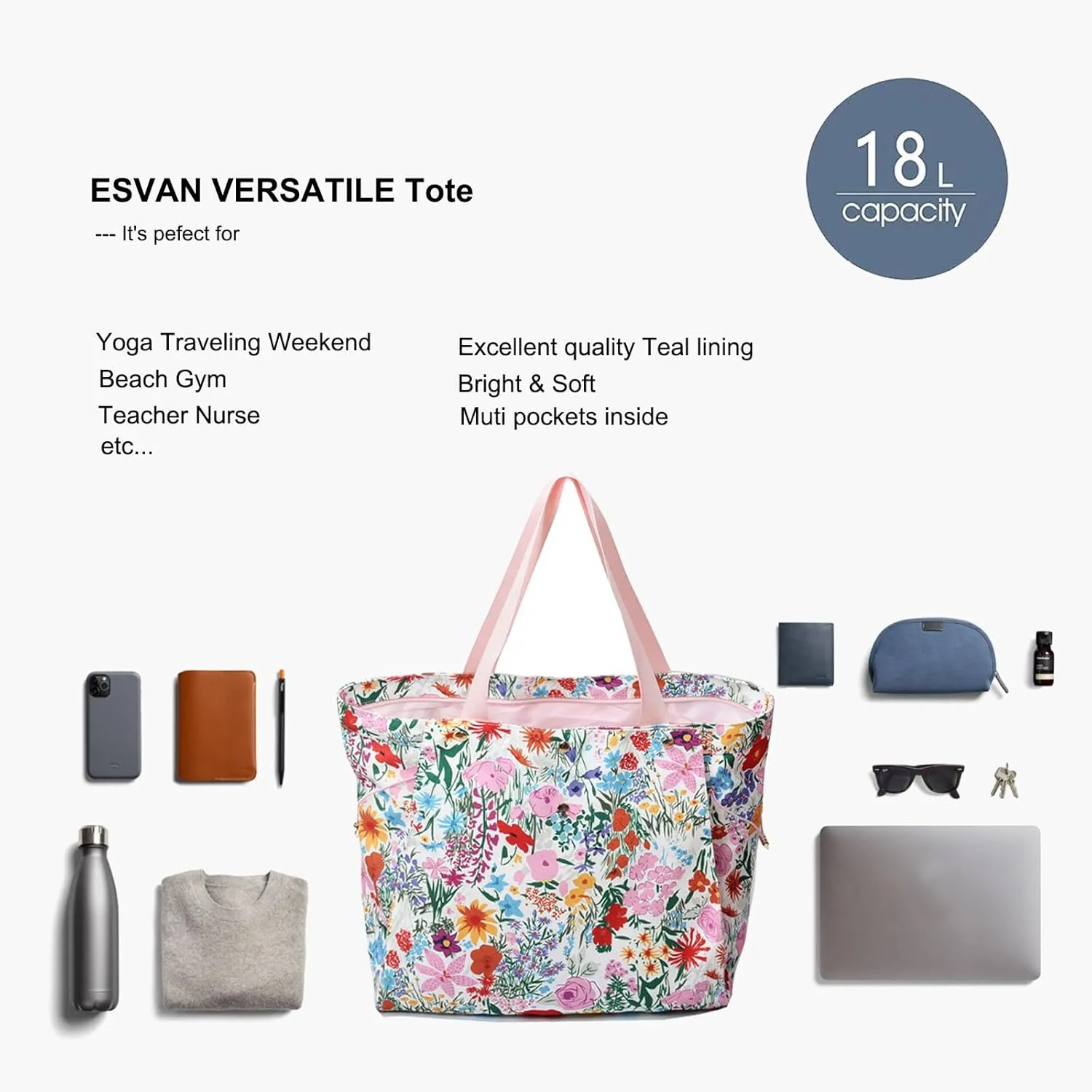 ESVAN Yoga Mat Bag, Gym Bag Tote Bag with Multi Pockets For Women Drawstring Yoga Mat Carrier Pilates Travel Workout Office