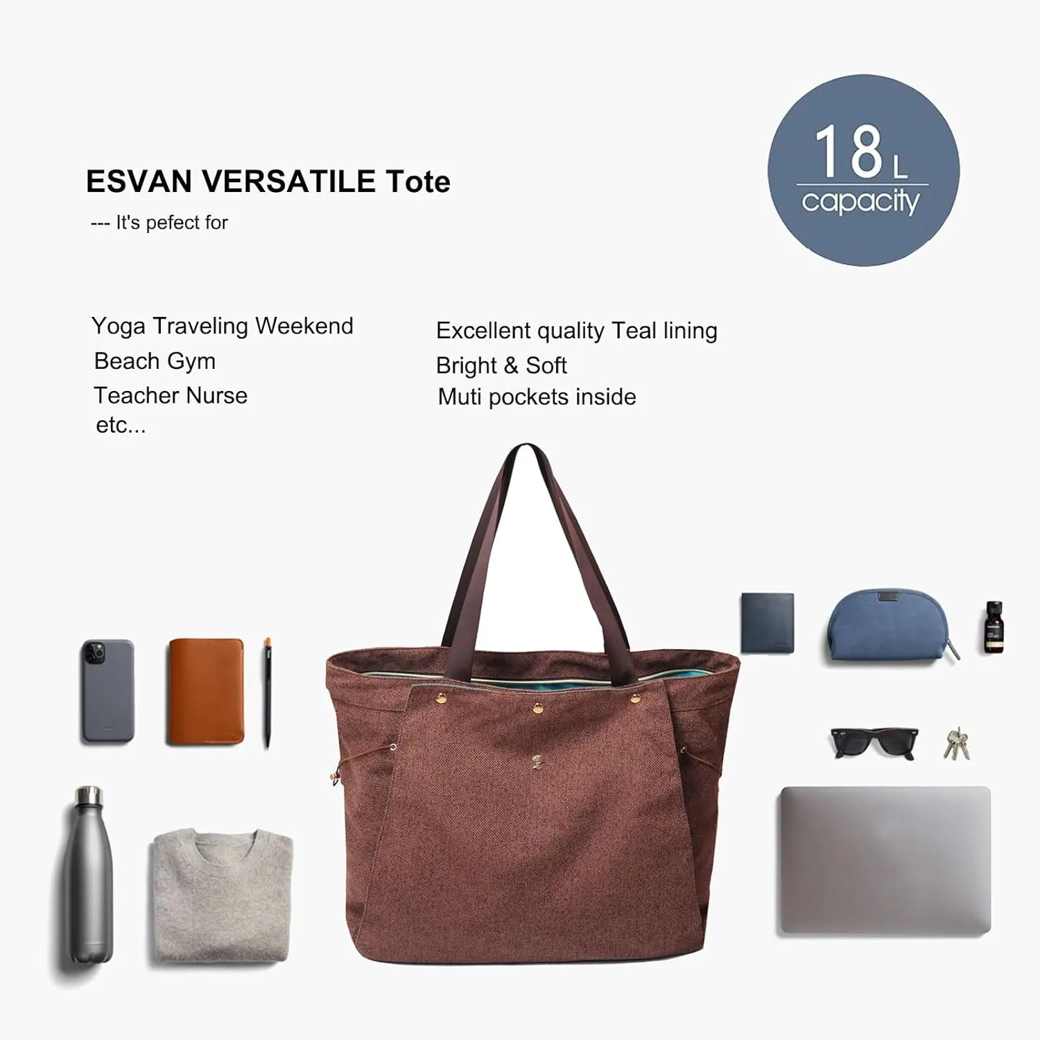 ESVAN Yoga Mat Bag, Gym Bag Tote Bag with Multi Pockets For Women Drawstring Yoga Mat Carrier Pilates Travel Workout Office