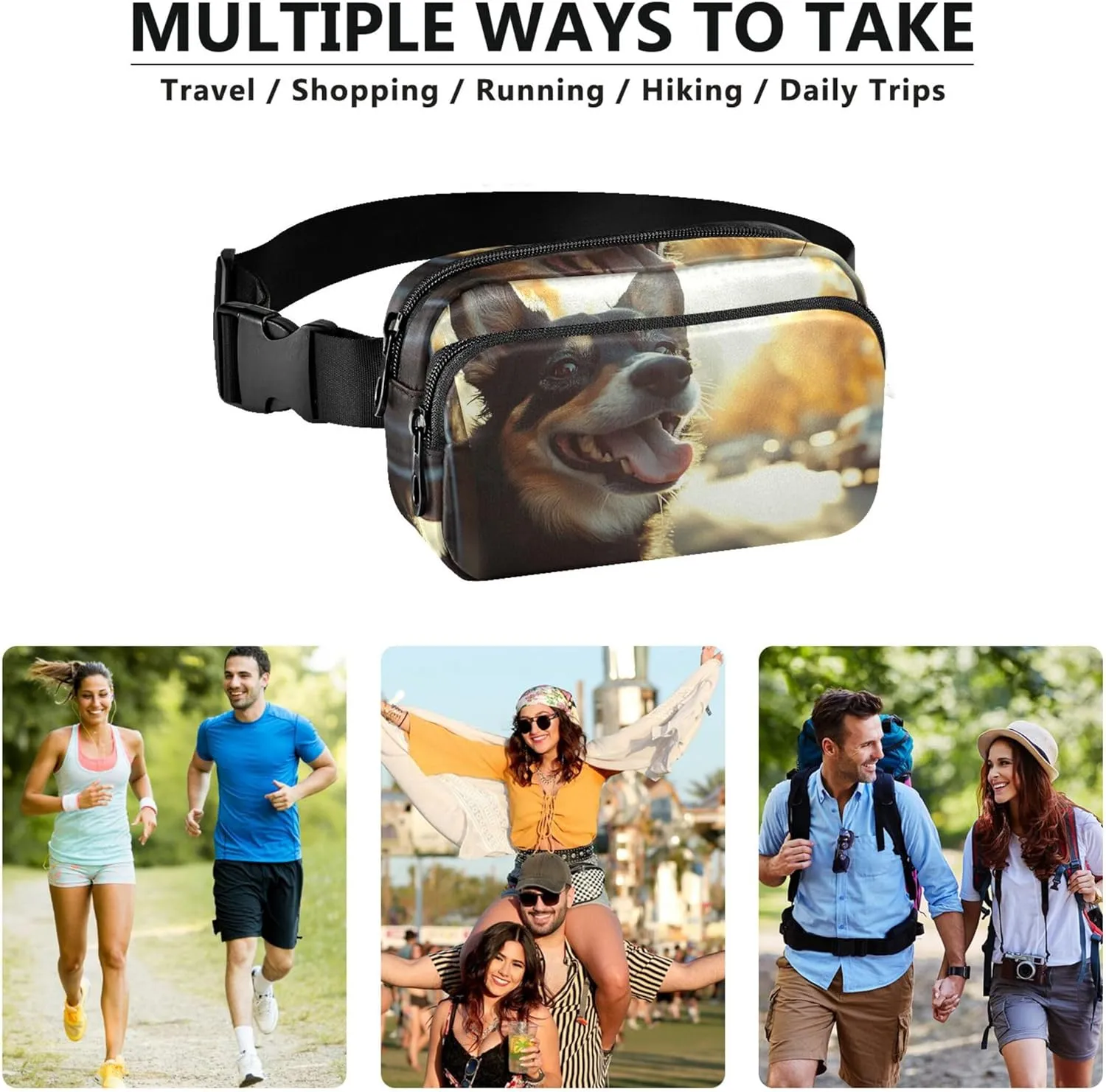 Excited Dog Car Window Breeze Women Fanny Packs Belt Bag Hip Pouch Waterproof Bright Colored Crossbody Waist Pack