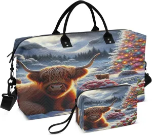 Exnundod Highland Cow Christmas Tree Travel Duffel Bags for Women Winter Berries Sports Gym Bag Weekender Carry On Tote Overnight Luggage Duffle Bags