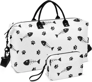 Exnundod Paw Footprints Fish Bones Women Weekender Bags Gym Bags Carry On Overnight Duffle Large Duffle Tote Hospital Bag for Business Trip Yoga