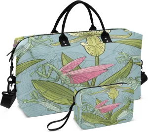 Exnundod Travel Duffel Bags Mantis Insects Orchid Flowers Sports Gym Bag Weekender Carry On Tote Overnight Luggage Bags for Women and Men