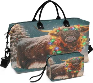 Exnundod Winter Hiland Cow Xmas Tree Travel Duffel Bags for Women Colorful Christmas Lights Sports Gym Bag Weekender Carry On Tote Overnight Luggage Duffle Bags