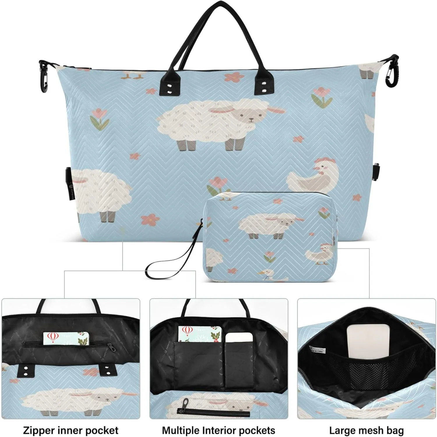 Exnundod Women Weekender Bags Cute Sheep Ducks Chickens Travel Duffel Bags Carry On Overnight Bag Flowers Large Hospital Tote Luggage