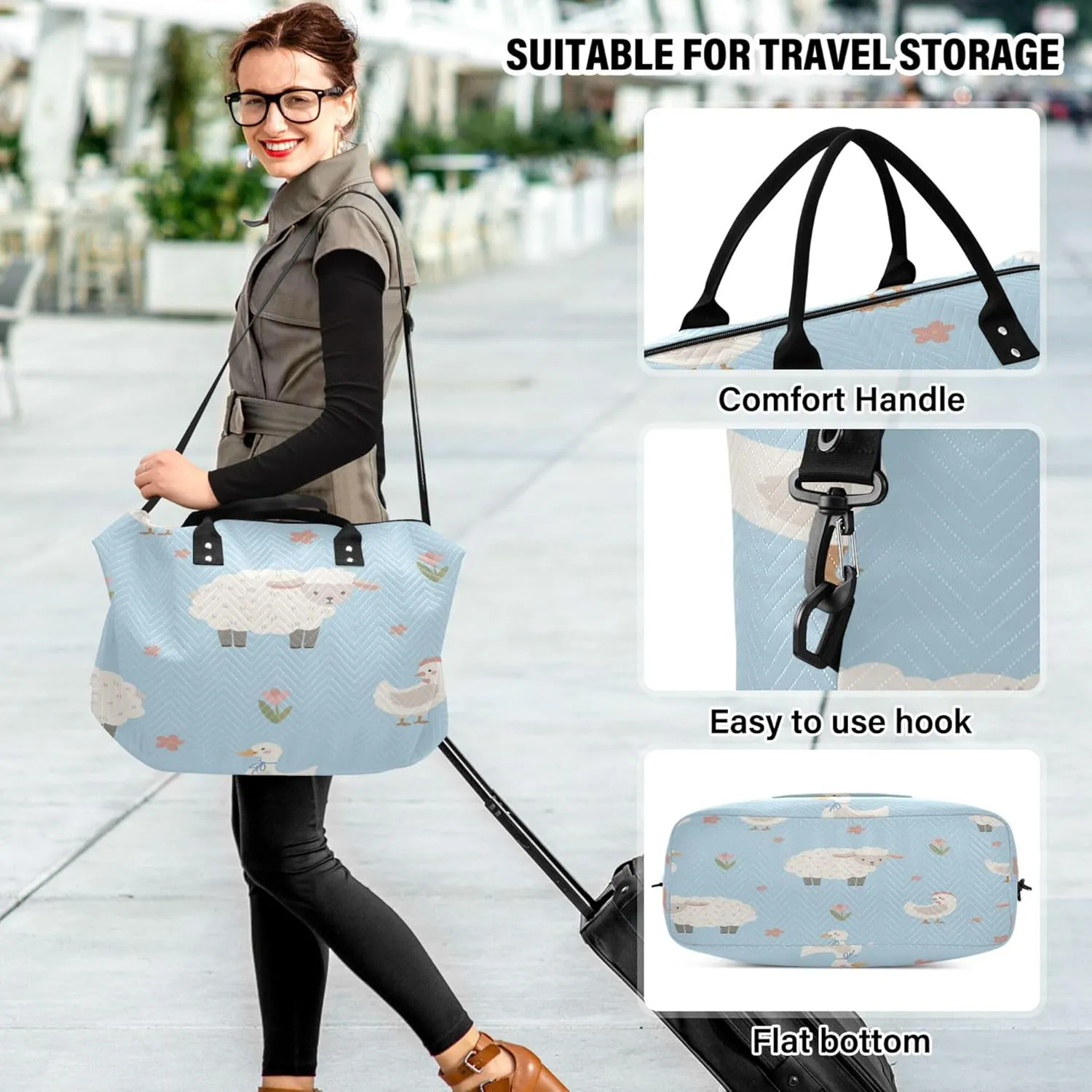 Exnundod Women Weekender Bags Cute Sheep Ducks Chickens Travel Duffel Bags Carry On Overnight Bag Flowers Large Hospital Tote Luggage