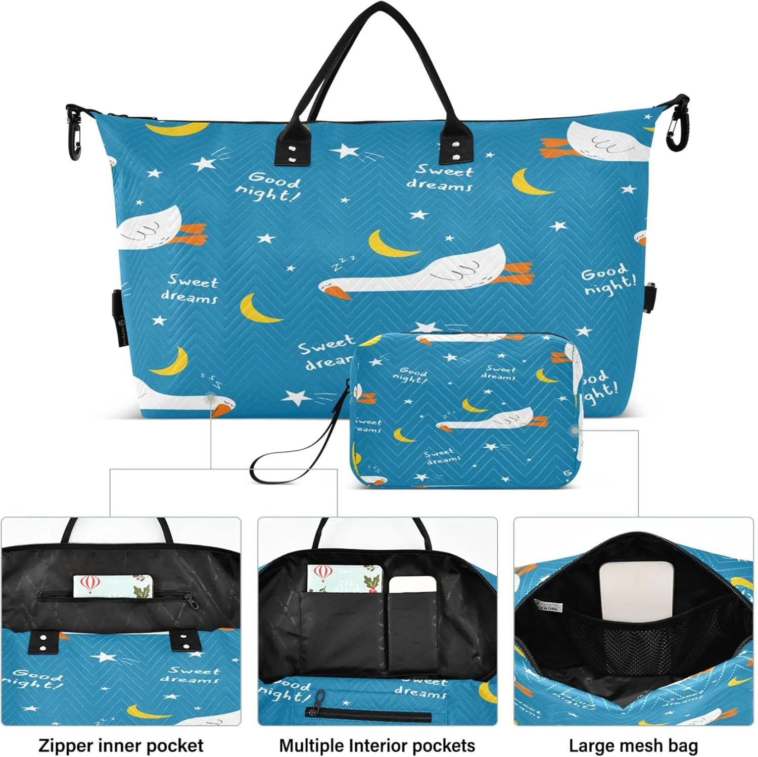 Exnundod Women Weekender Bags Cute Sleeping Goose Travel Duffel Bags Carry On Overnight Bag Moon Stars Large Hospital Tote Luggage