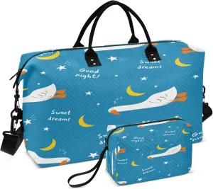 Exnundod Women Weekender Bags Cute Sleeping Goose Travel Duffel Bags Carry On Overnight Bag Moon Stars Large Hospital Tote Luggage