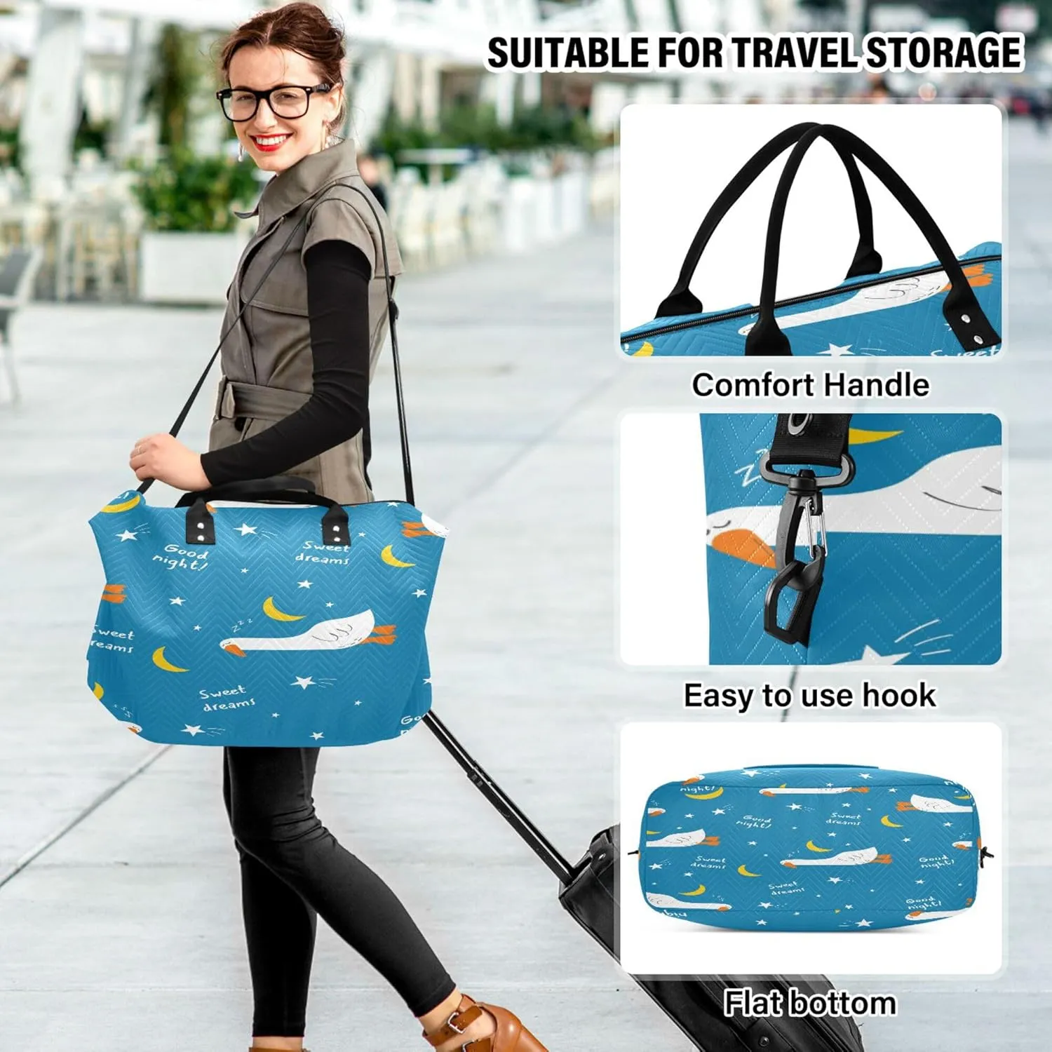 Exnundod Women Weekender Bags Cute Sleeping Goose Travel Duffel Bags Carry On Overnight Bag Moon Stars Large Hospital Tote Luggage