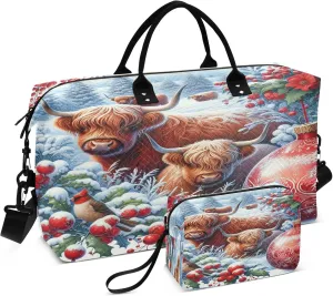 Exnundod Women Weekender Bags Highland Cow Winter Berries Bird Travel Duffel Bags Carry On Overnight Bag Red Ball Large Hospital Tote Luggage