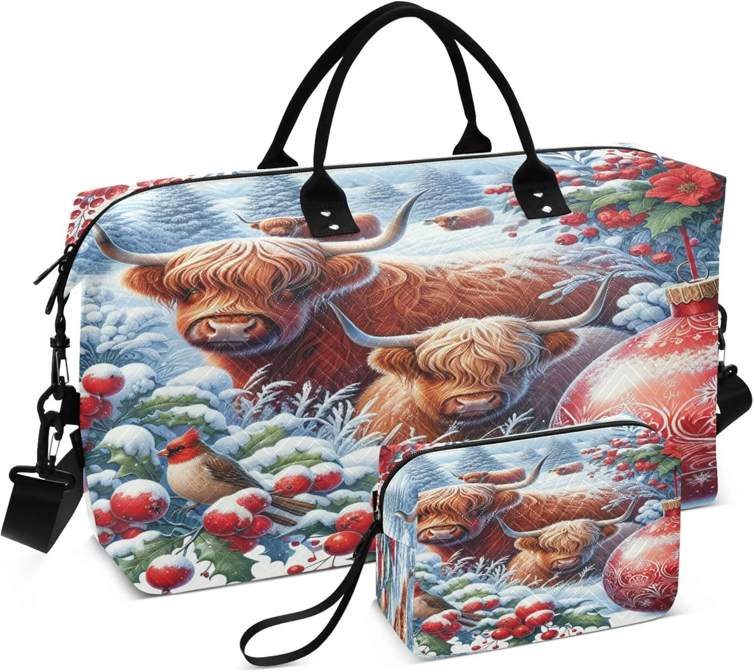Exnundod Women Weekender Bags Highland Cow Winter Berries Bird Travel Duffel Bags Carry On Overnight Bag Red Ball Large Hospital Tote Luggage
