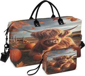 Exnundod Women Weekender Bags Pumpkin with Highland Cow Travel Duffel Bags Carry On Overnight Bag Falling Maple Leafs Large Hospital Tote Luggage