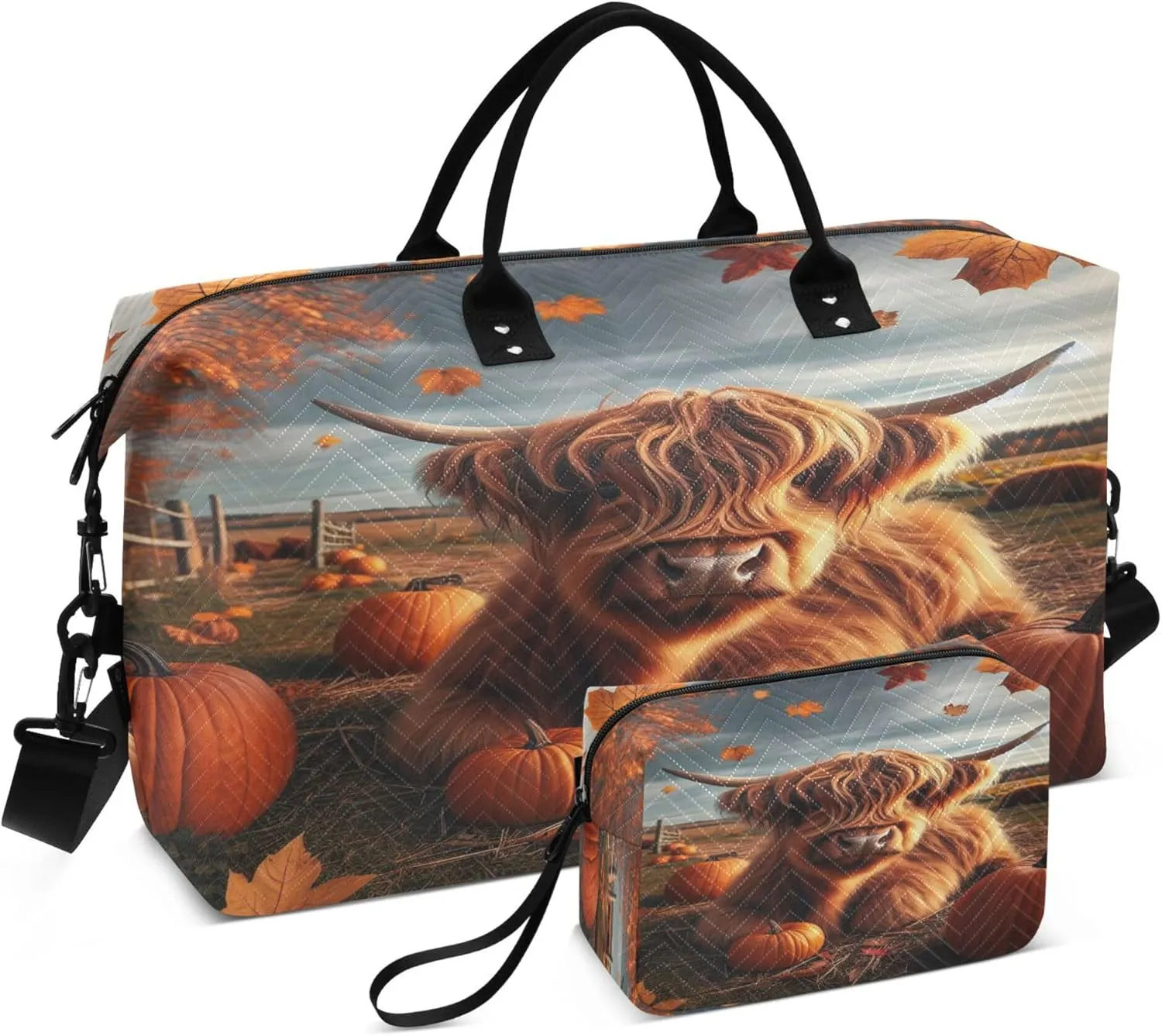 Exnundod Women Weekender Bags Pumpkin with Highland Cow Travel Duffel Bags Carry On Overnight Bag Falling Maple Leafs Large Hospital Tote Luggage