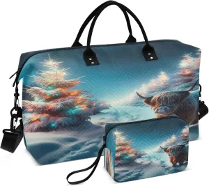 Exnundod Women Weekender Bags Snowy Highland Cow Travel Duffel Bags Carry On Overnight Bag Winter Christmas Tree Large Hospital Tote Luggage