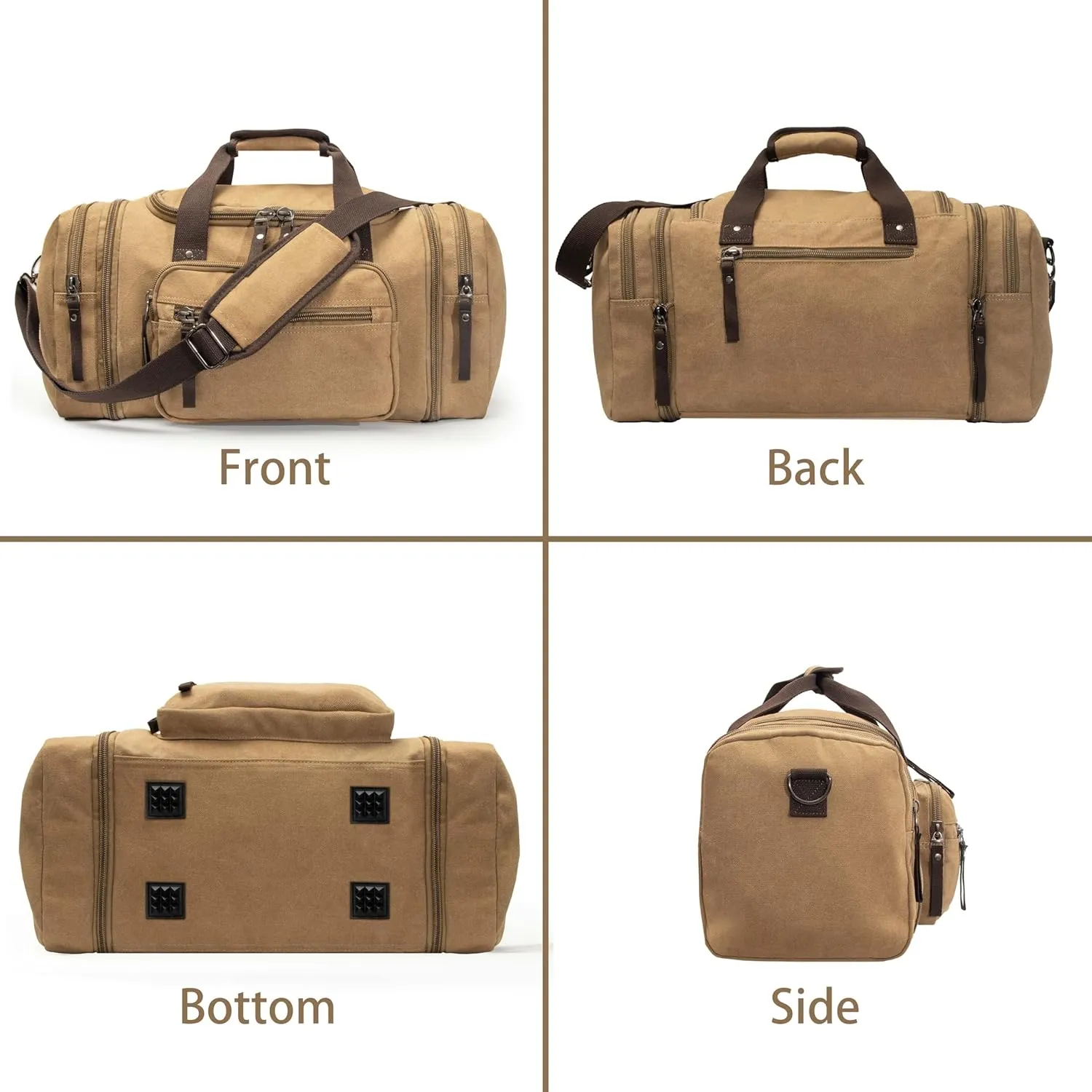 Expandable 60L Canvas Travel Bag With Adjustable Shoulder Strap - Big Heavy Duty Crossbody Weekend Overnight Bag - Khaki