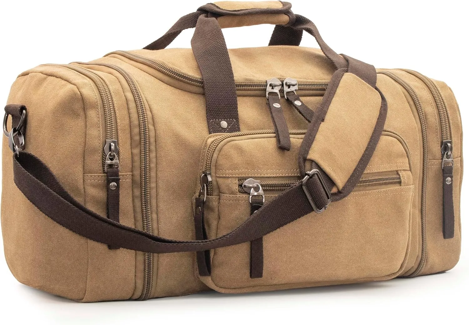 Expandable 60L Canvas Travel Bag With Adjustable Shoulder Strap - Big Heavy Duty Crossbody Weekend Overnight Bag - Khaki