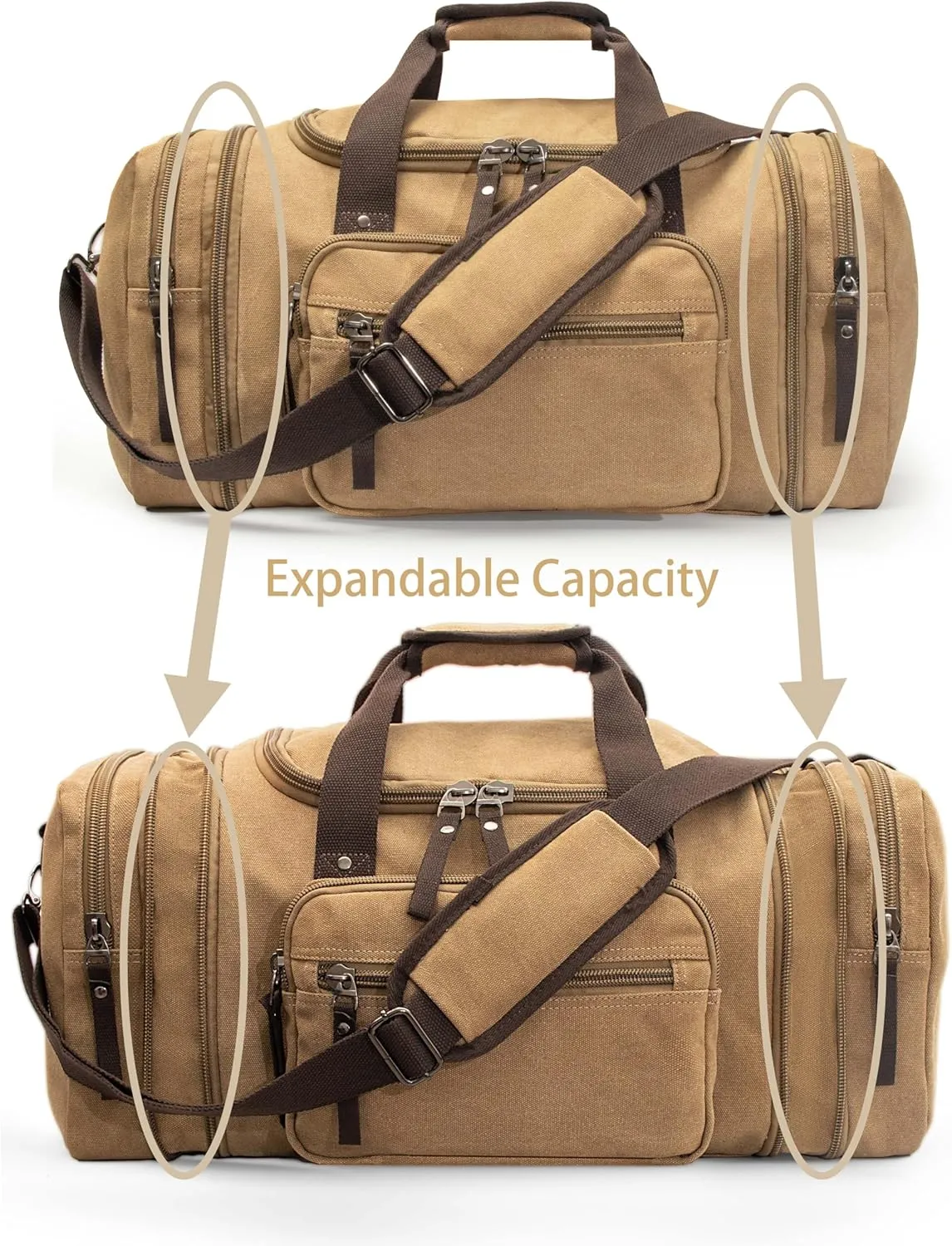 Expandable 60L Canvas Travel Bag With Adjustable Shoulder Strap - Big Heavy Duty Crossbody Weekend Overnight Bag - Khaki