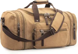 Expandable 60L Canvas Travel Bag With Adjustable Shoulder Strap - Big Heavy Duty Crossbody Weekend Overnight Bag - Khaki