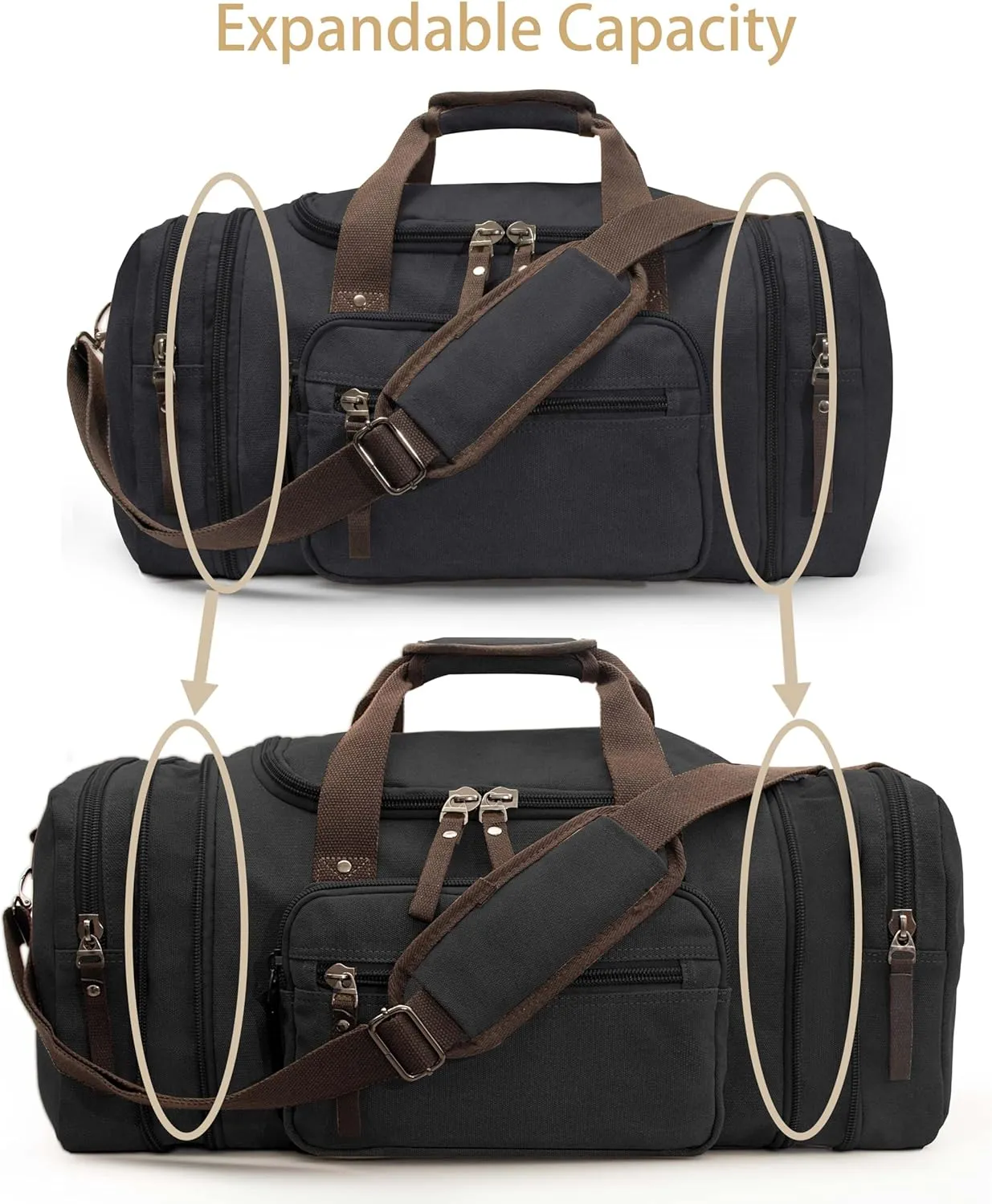 Expandable 60L Large Capacity Canvas Travel Bag With Adjustable Shoulder Strap Big Heavy Duty Crossbody Bag Weekend Bag Travel Tote Carry On Luggage Bags Men Duffle Bag Overnight Bag (Black)