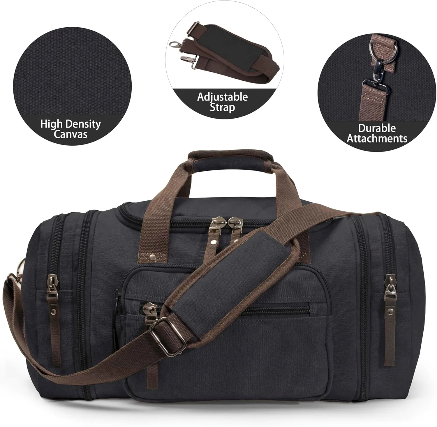 Expandable 60L Large Capacity Canvas Travel Bag With Adjustable Shoulder Strap Big Heavy Duty Crossbody Bag Weekend Bag Travel Tote Carry On Luggage Bags Men Duffle Bag Overnight Bag (Black)