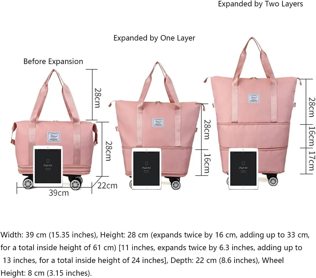 Expandable Large Capacity Weekender and Gym Tote for Women: Versatile Travel Duffel with Detachable Wheels and Dry-Wet Separation, Water-Resistant - Ideal Carry On Bag