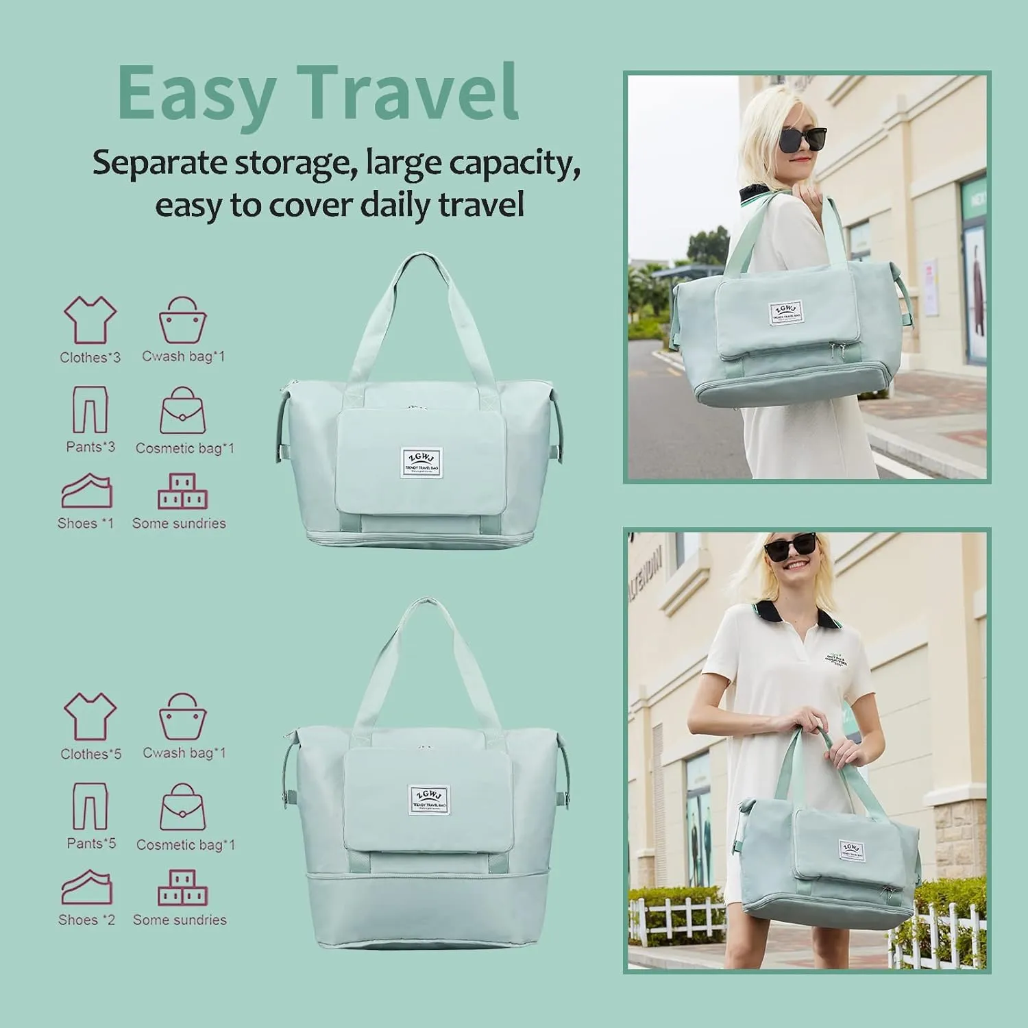 Expandable Travel Duffel Tote Bag - Foldable Overnight Weekender, Carry-On, Swim & Gym Bag - Fits Spirit Airlines Personal Item Size - Lightweight, Waterproof & Durable with Trolley Sleeve,Green