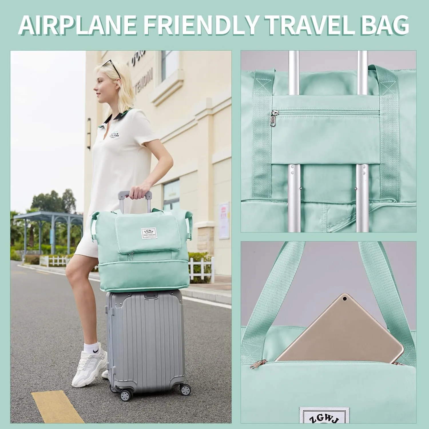 Expandable Travel Duffel Tote Bag - Foldable Overnight Weekender, Carry-On, Swim & Gym Bag - Fits Spirit Airlines Personal Item Size - Lightweight, Waterproof & Durable with Trolley Sleeve,Green