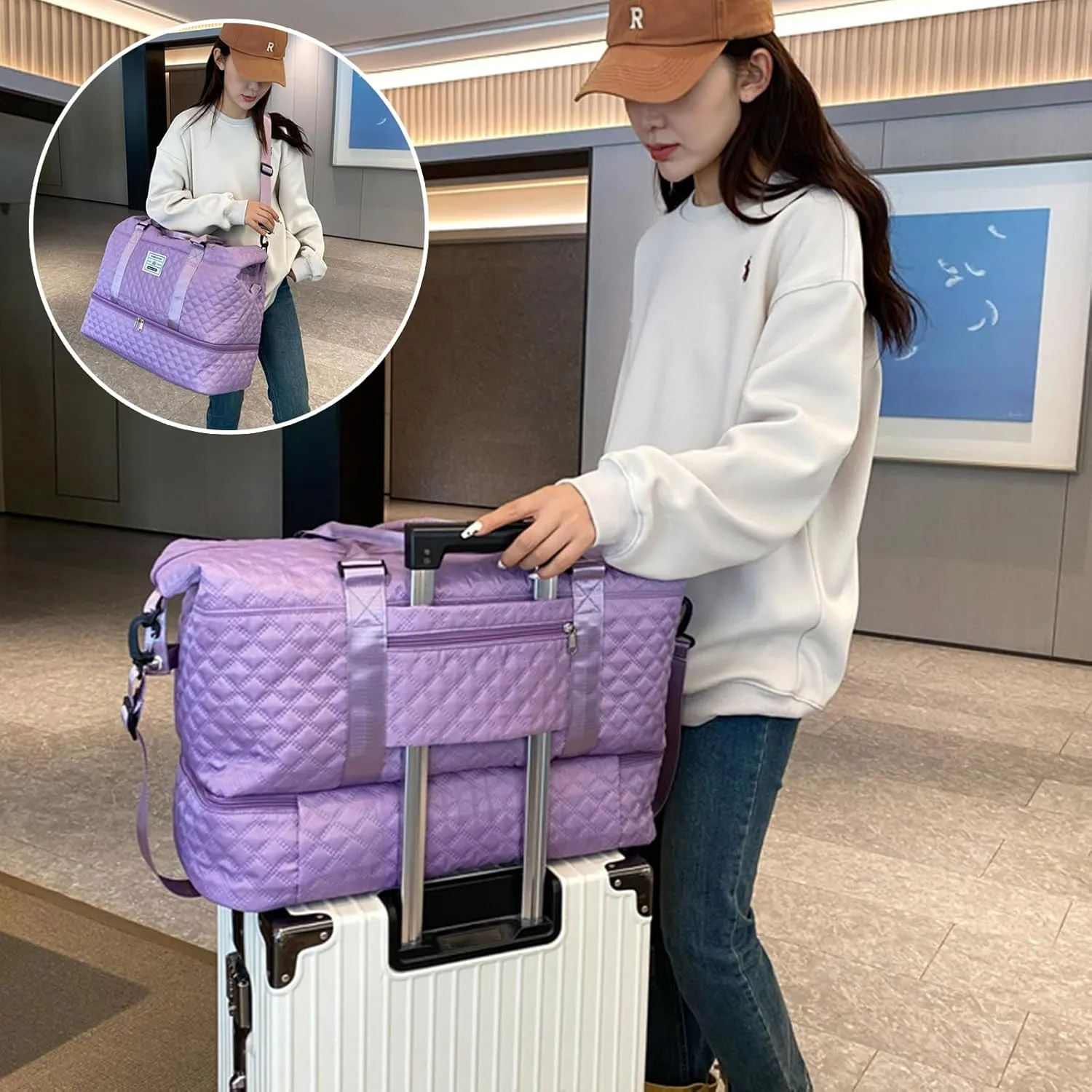 Expandable Weekender Bag for Women - Waterproof Large Capacity Travel Duffle with Multi-Compartment Organizer, Weekend Trips & Business Travel (light purple)