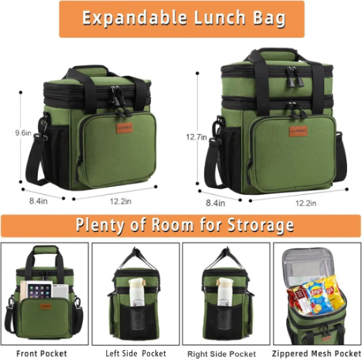 Expandable XLarge Lunch Box, Insulated Heavy Duty Lunch Bag Waterproof Leakproof Durable Cooler Bag for Men Women Adults Work Construction Camping Trip, 22L, Army Green
