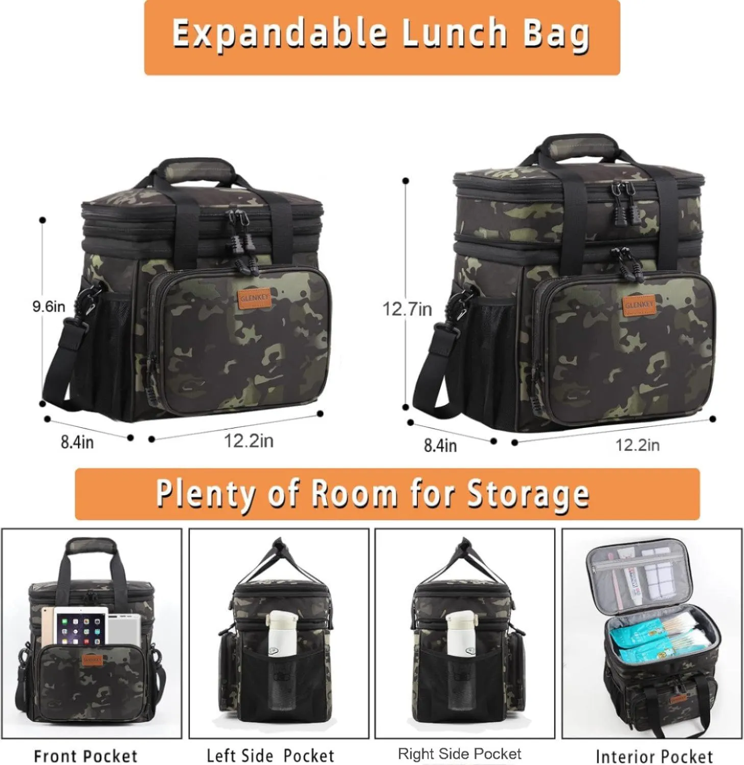 Expandable XLarge Lunch Box, Insulated Heavy Duty Lunch Bag Waterproof Leakproof Durable Cooler Bag for Men Women Adults Work Construction Camping Trip, 22L, Black-Camo
