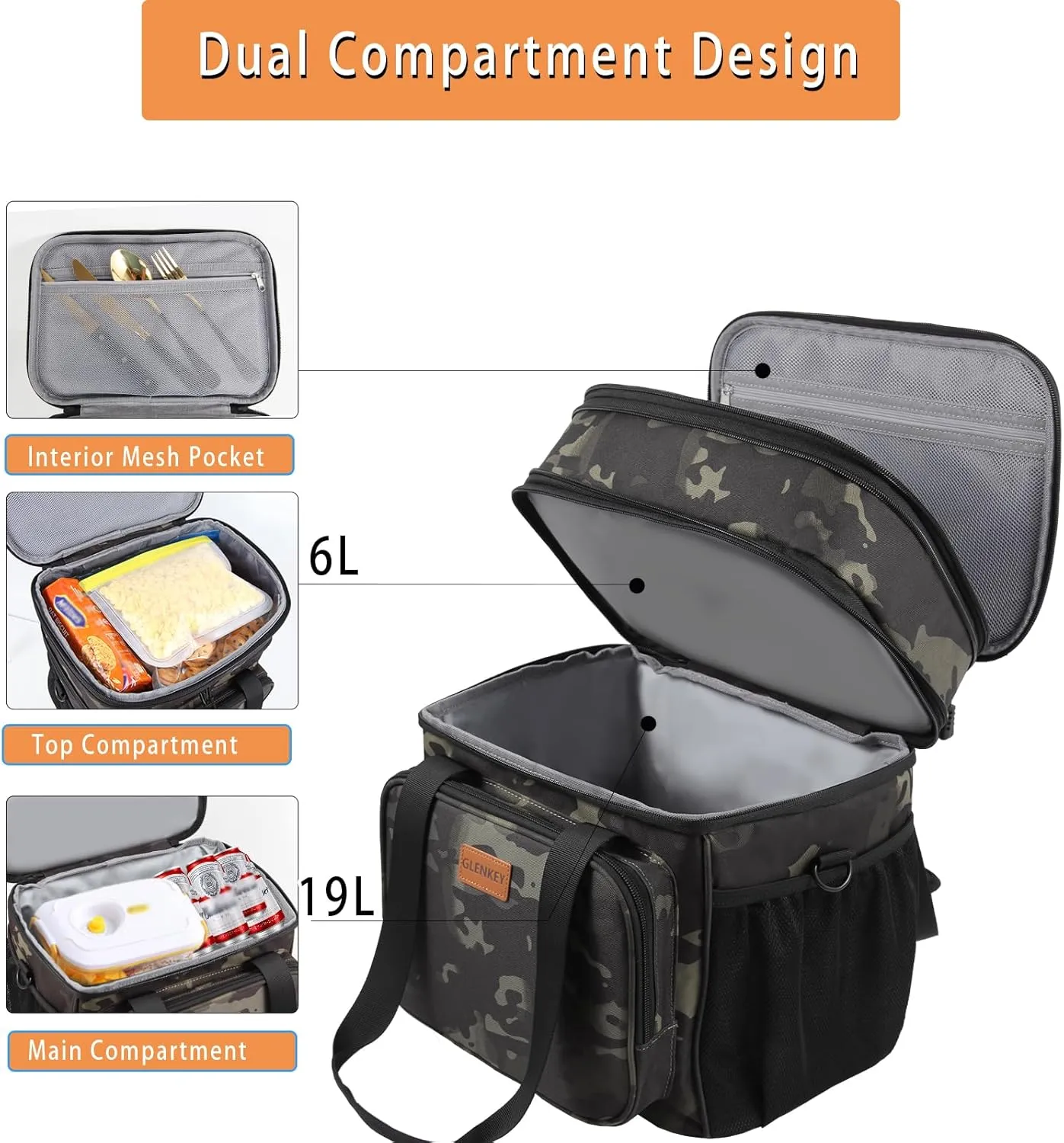 Expandable XLarge Lunch Box, Insulated Heavy Duty Lunch Bag Waterproof Leakproof Durable Cooler Bag for Men Women Adults Work Construction Camping Trip, 22L, Black-Camo