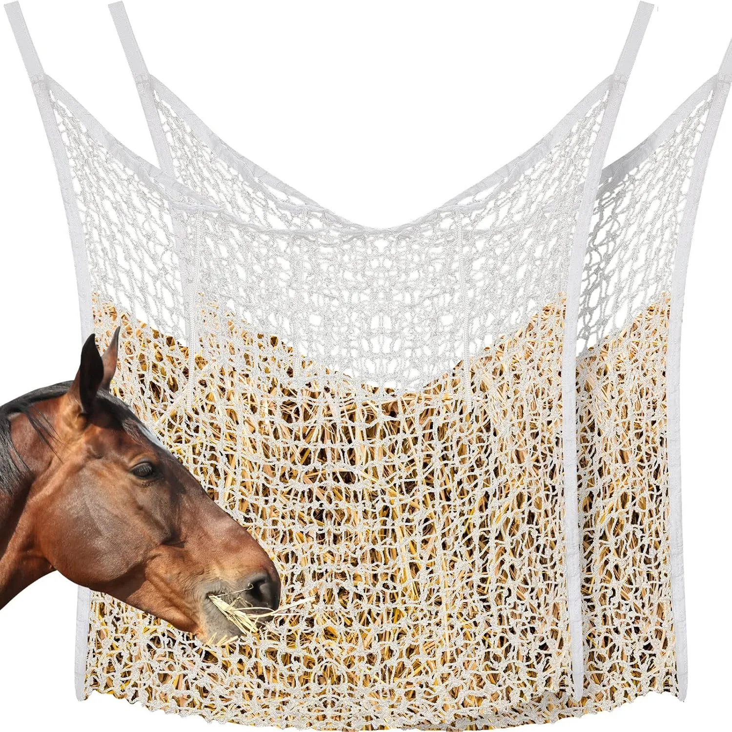 Fabbay 2 Pcs Slow Feed Hay Net Hay Feeder Bags for Horses Goat Stall Trailer Horse Feeding Supplies(63 x 40 Inch,White)
