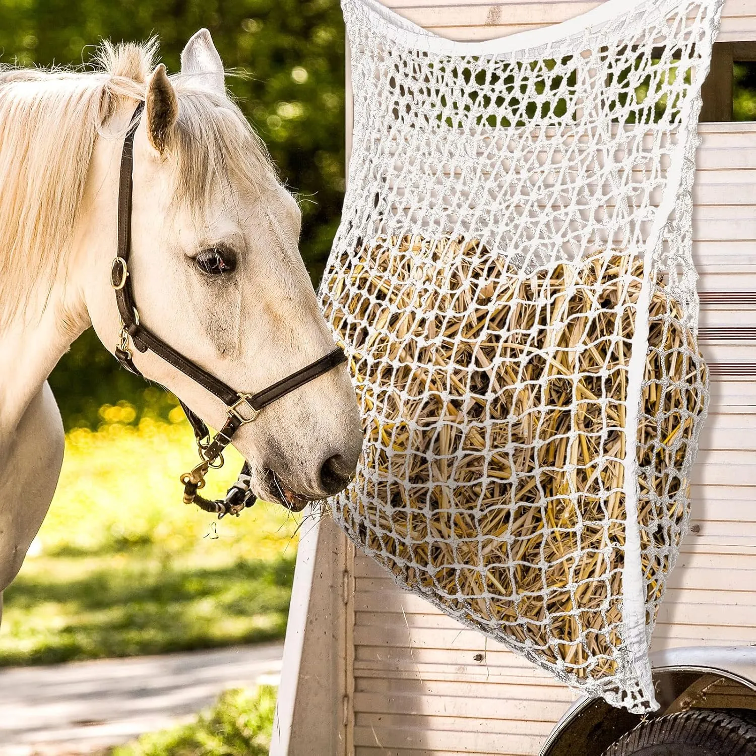 Fabbay 2 Pcs Slow Feed Hay Net Hay Feeder Bags for Horses Goat Stall Trailer Horse Feeding Supplies(63 x 40 Inch,White)
