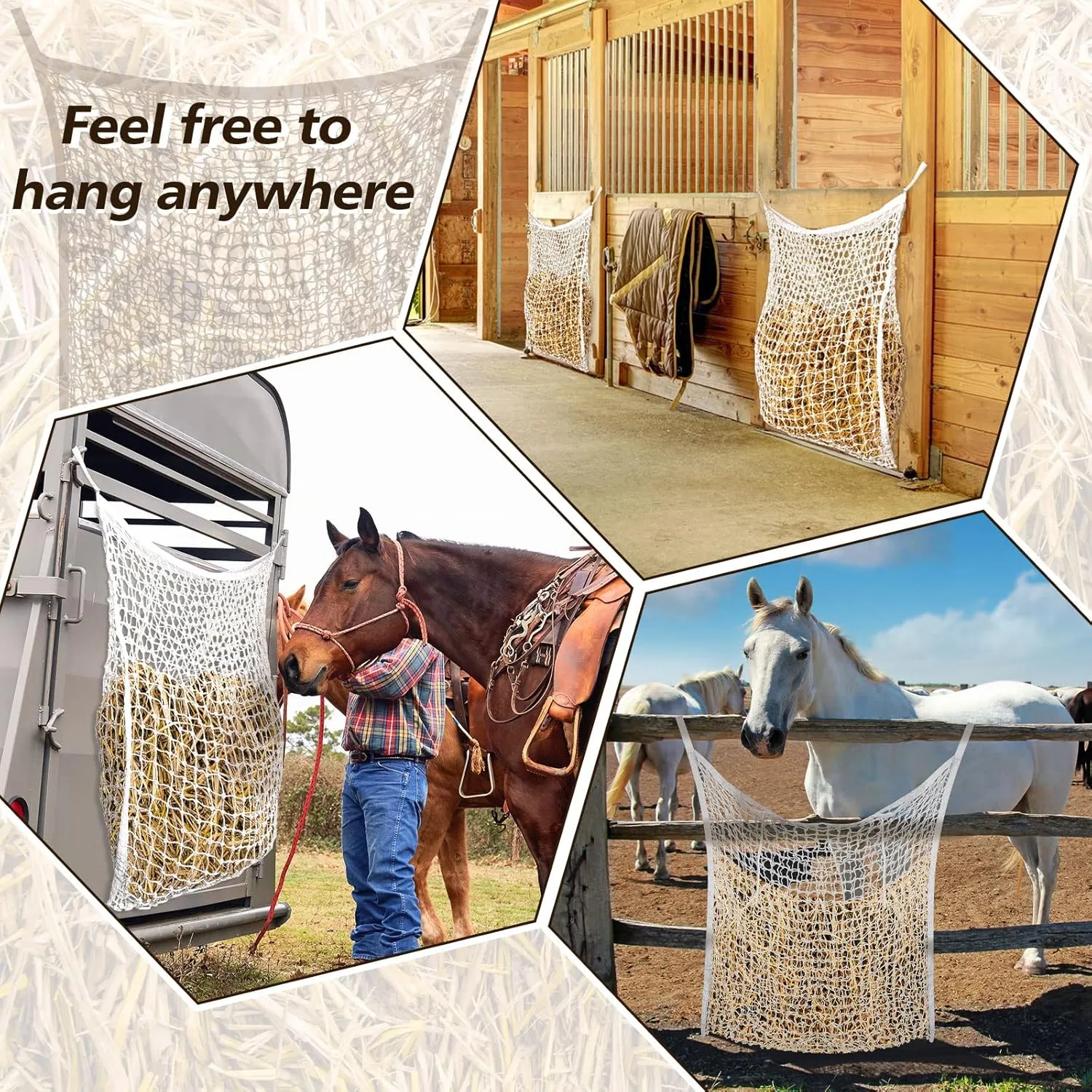 Fabbay 2 Pcs Slow Feed Hay Net Hay Feeder Bags for Horses Goat Stall Trailer Horse Feeding Supplies(63 x 40 Inch,White)